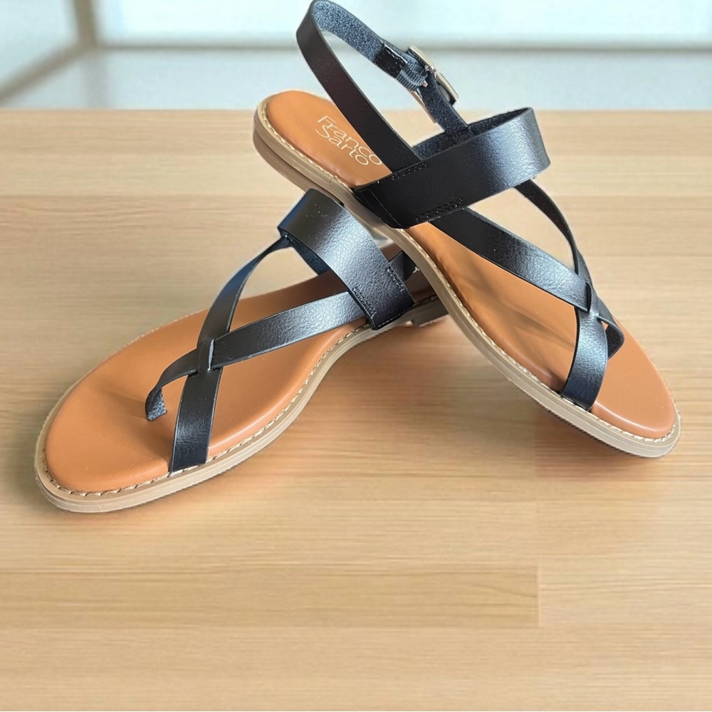 Franco Sarto Black and Tan Minimalist Sandals with Cross-Over Straps, Sz 8, NWB